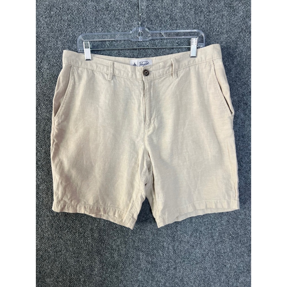 Original Penguin Mens Beige Linen Blend Flat Front Shorts Size‎ 34 OP4833 Khaki